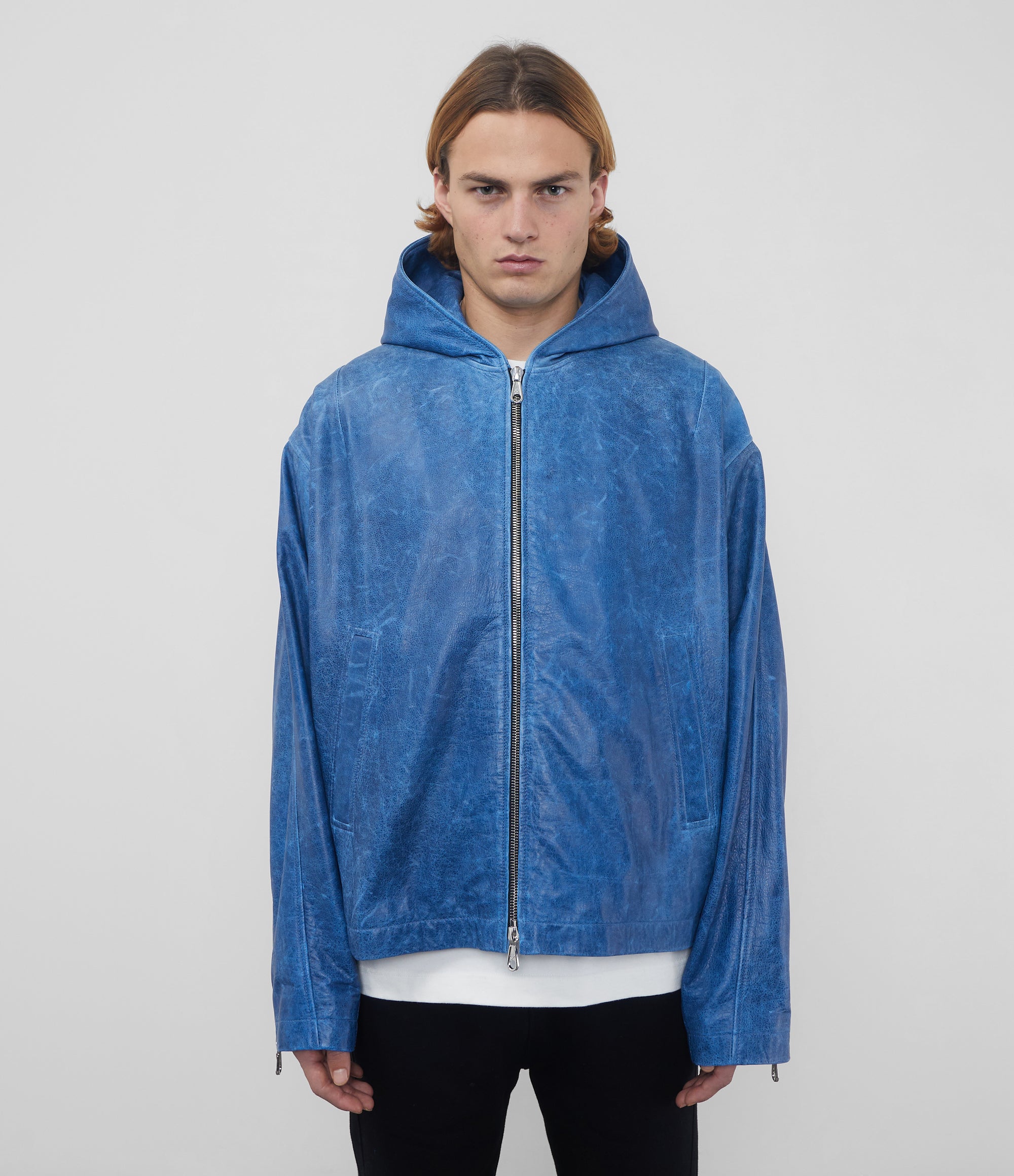 Cole Buxton | Hooded Leather Jacket | Mens | Leather | Blue