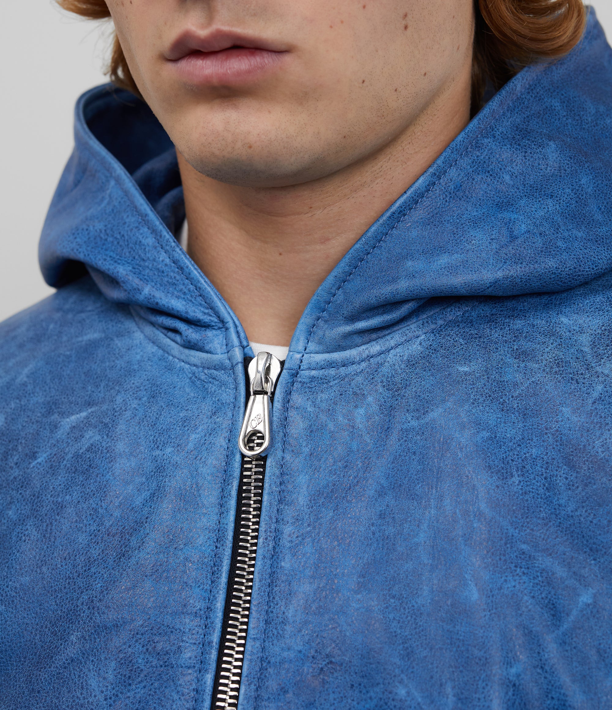 Cole Buxton | Hooded Leather Jacket | Mens | Leather | Blue