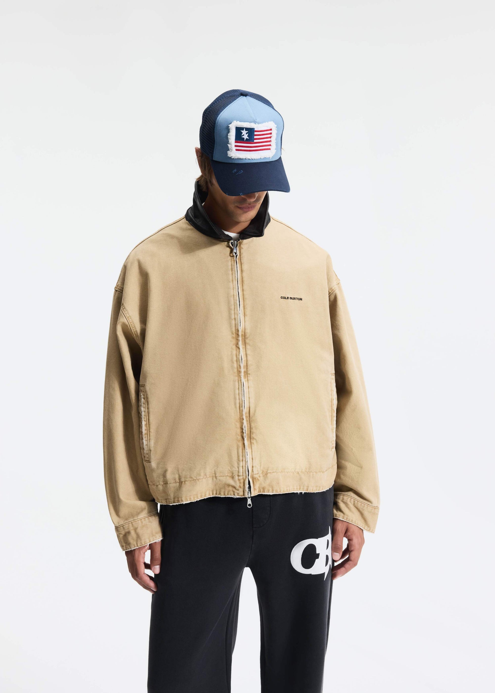 LEATHER COLLAR DISTRESSED TRUCKER