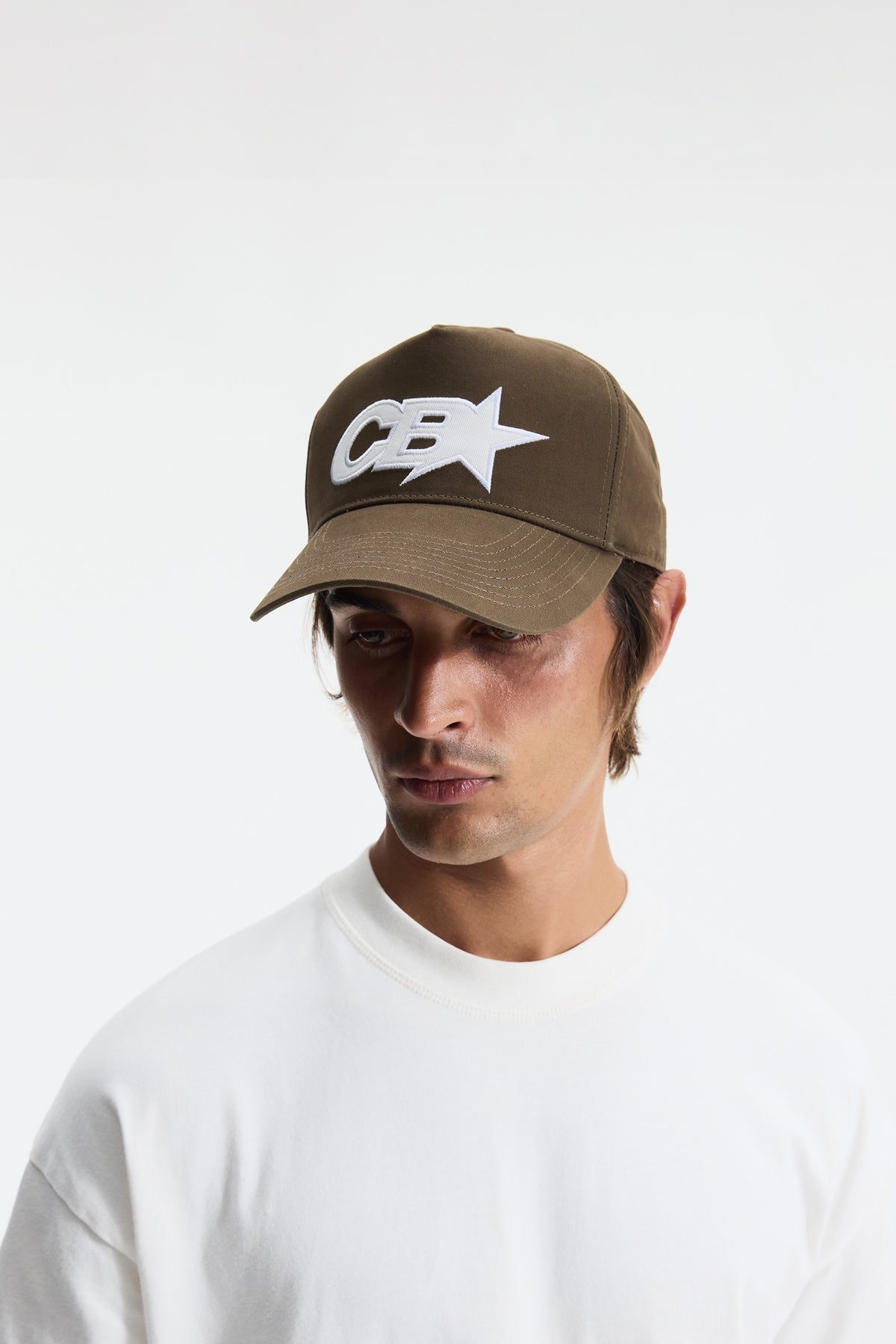 Brown cap with a white logo on a light gray background