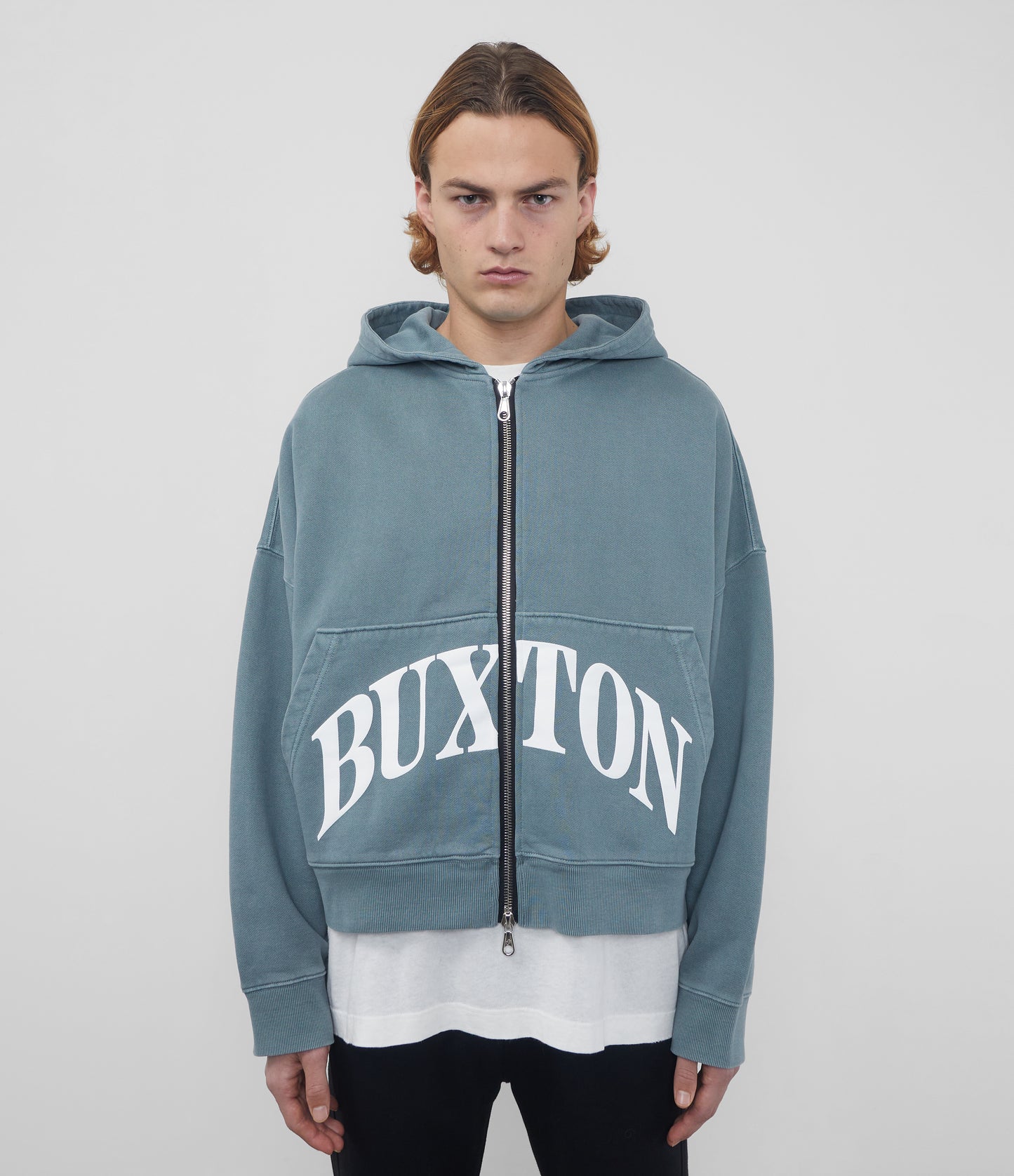 Cole Buxton | Heavyweight Cropped Logo Zipped Hoodie | Cotton | Washed Green