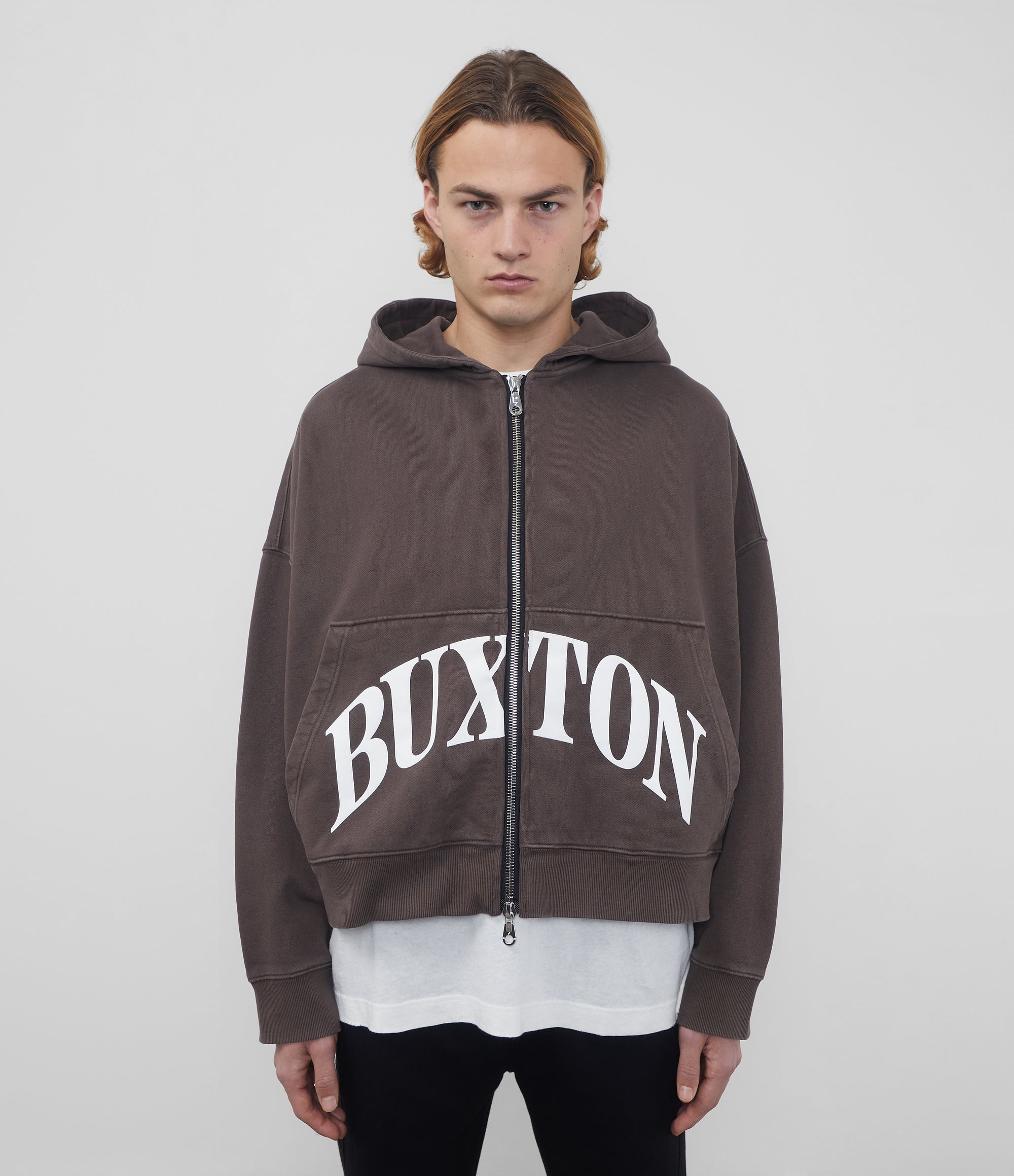 Cole Buxton | Heavyweight Cropped Logo Zipped Hoodie | Cotton | Washed Brown