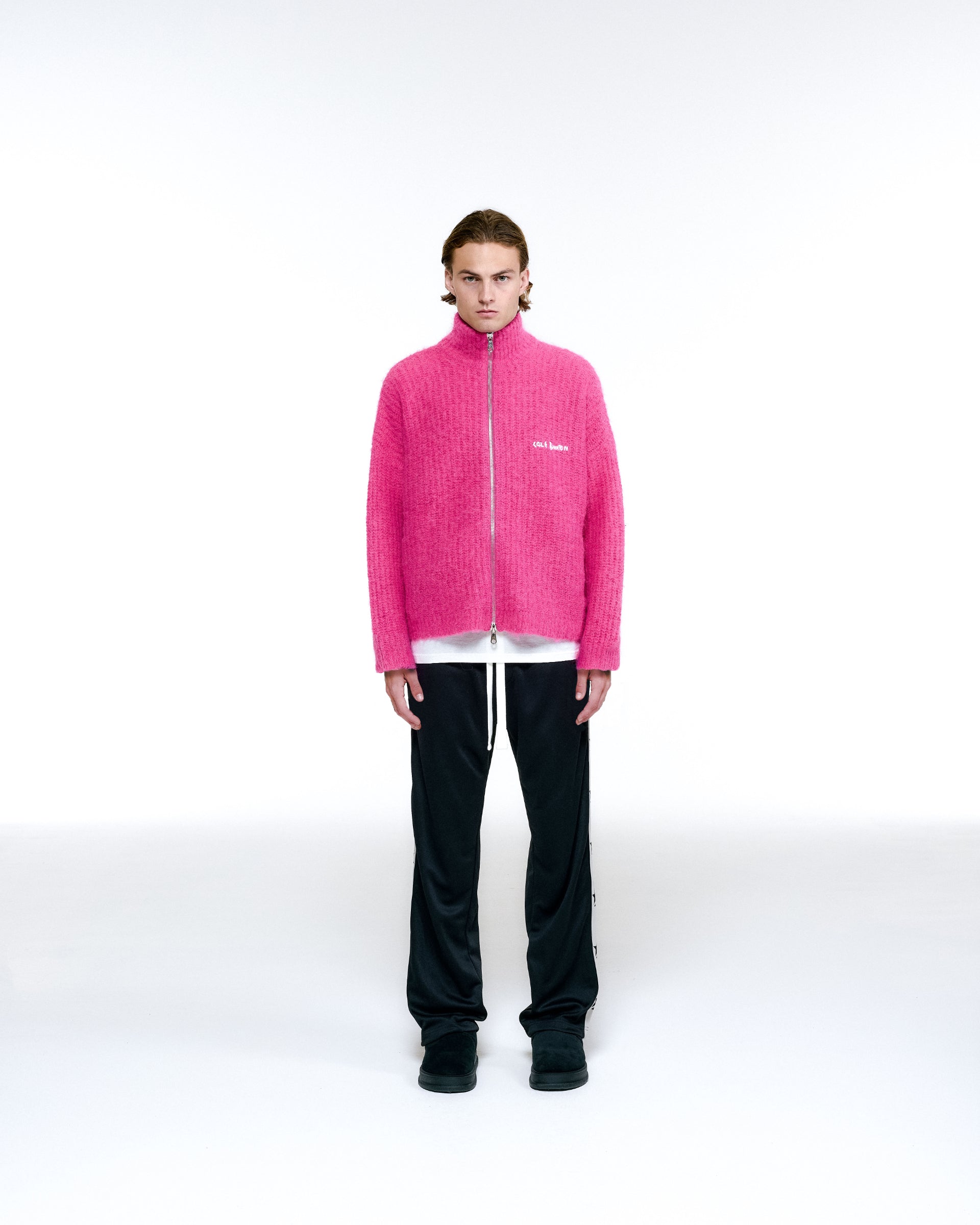 Cole Buxton | Embroidered Rib Knit Zip Through | Mens | Pink