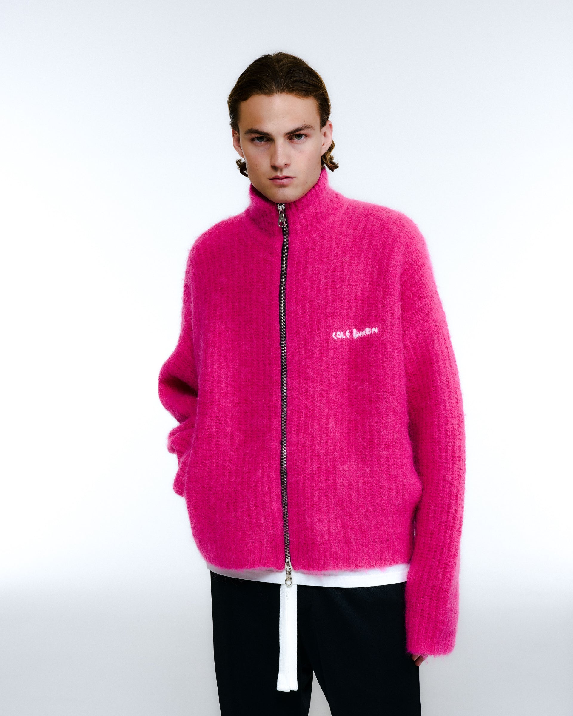 Cole Buxton | Embroidered Rib Knit Zip Through | Mens | Pink
