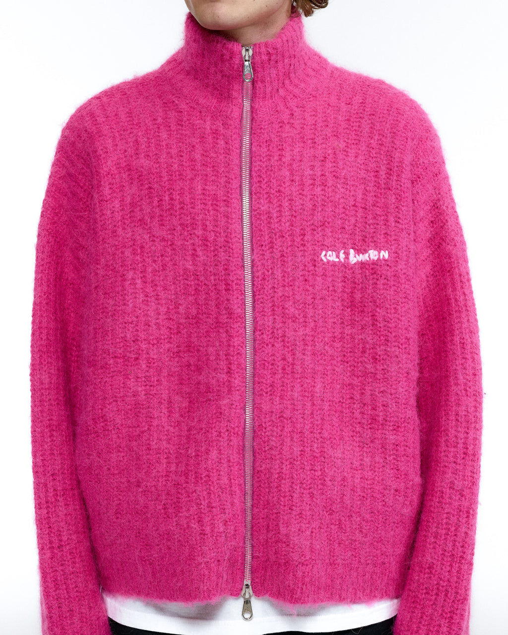 Cole Buxton | Embroidered Rib Knit Zip Through | Mens | Pink