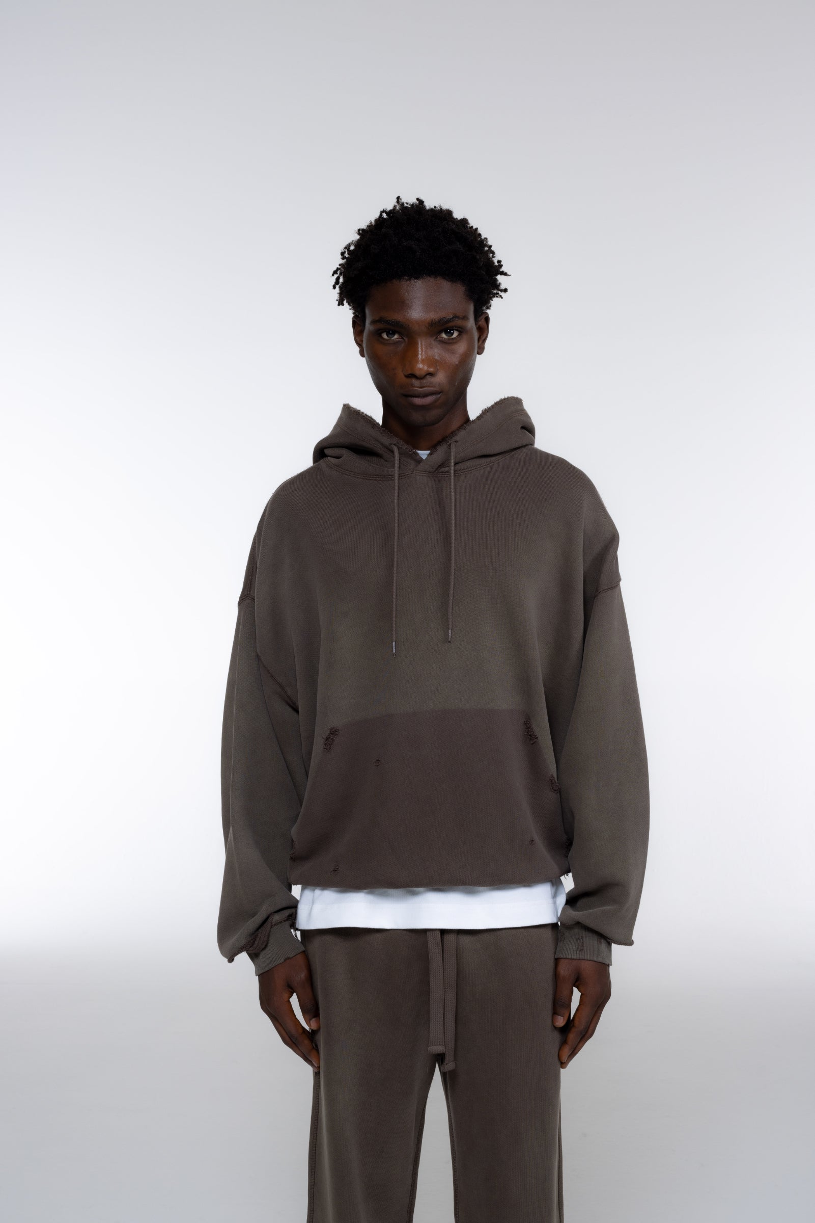 Cole Buxton | Distressed Hoodie | Mens | Washed Brown