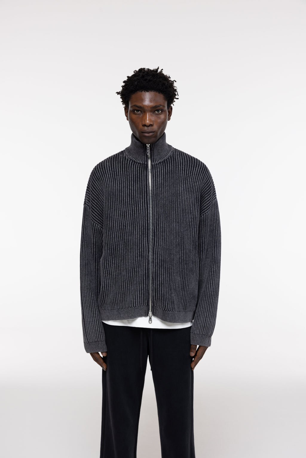 Cole Buxton | Acid Wash Knit Zip Through | Mens | Black