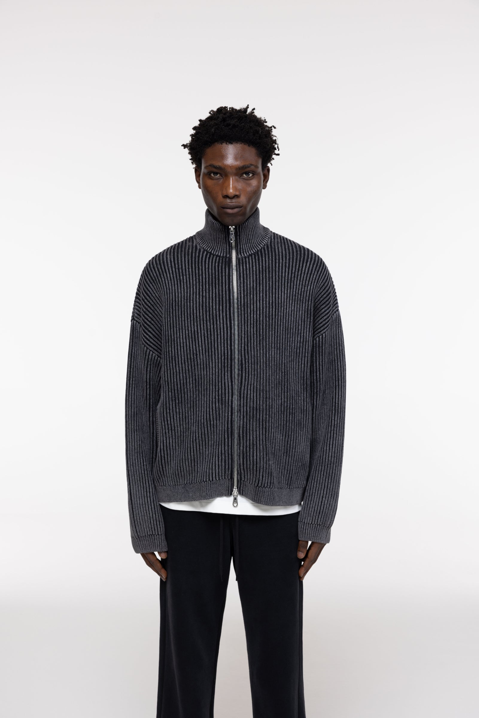 Cole Buxton | Acid Wash Knit Zip Through | Mens | Black