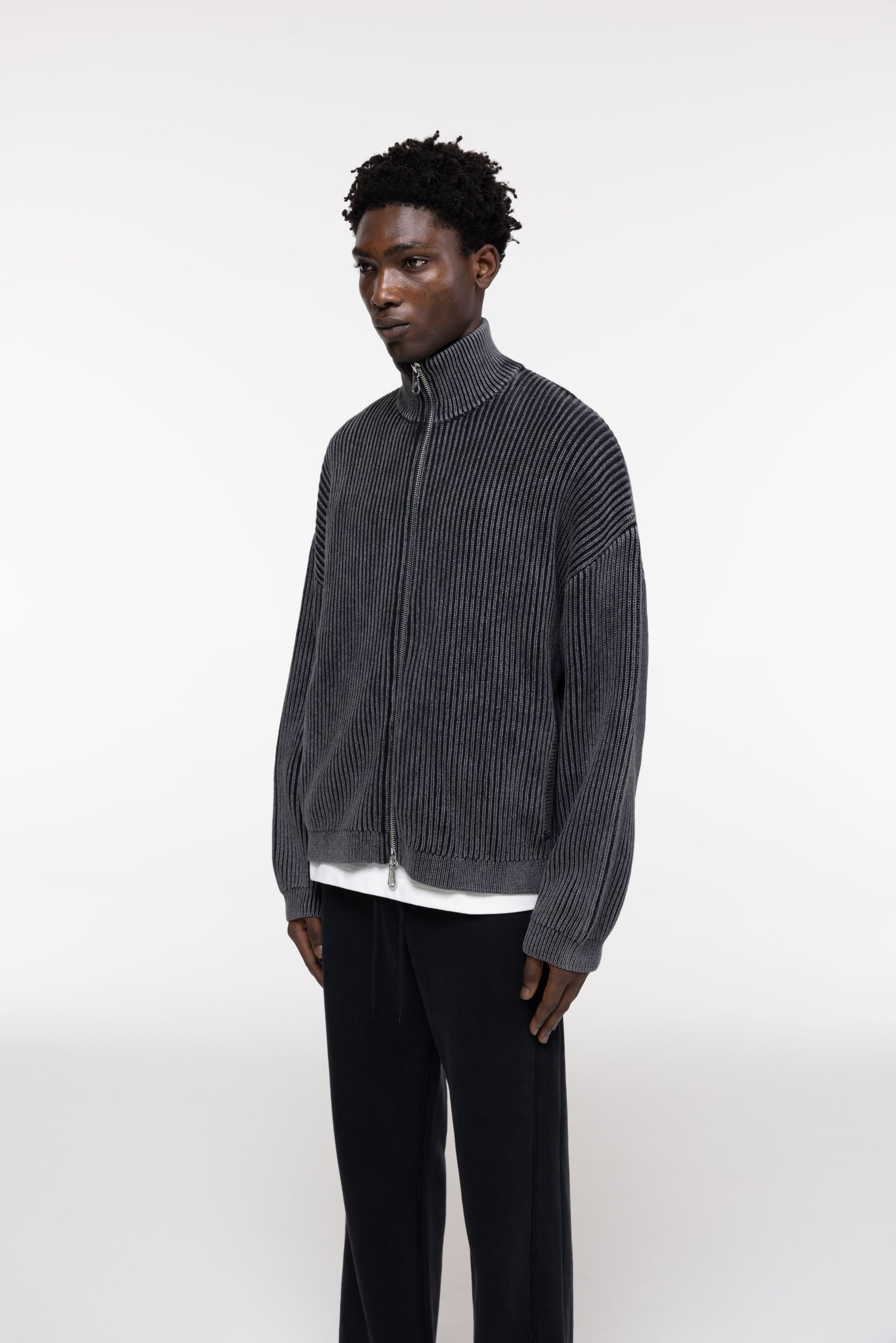 Cole Buxton | Acid Wash Knit Zip Through | Mens | Black