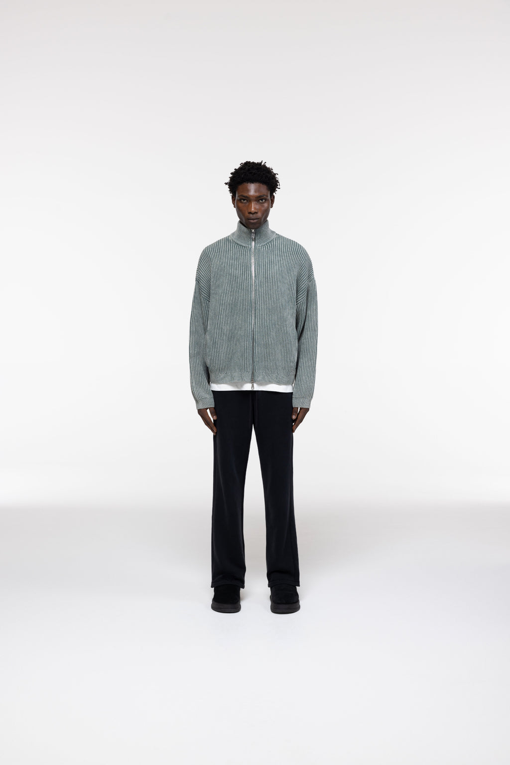 Cole Buxton | Acid Wash Knit Zip Through | Mens | Washed Green