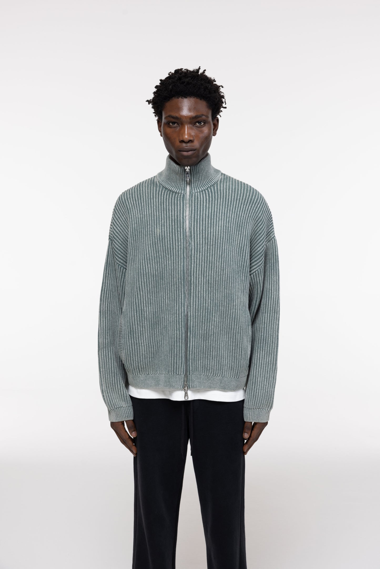 Cole Buxton | Acid Wash Knit Zip Through | Mens | Washed Green