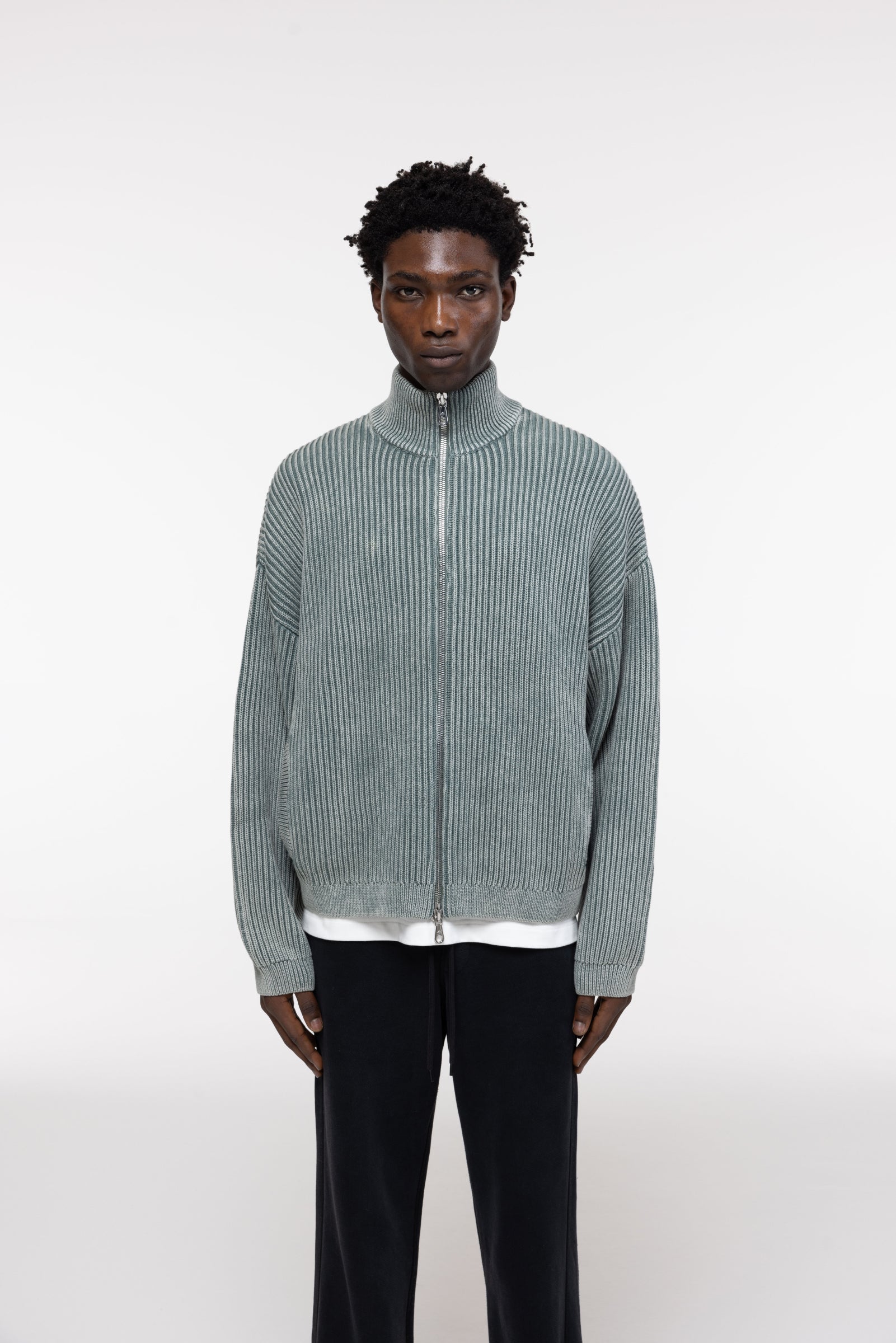 Cole Buxton | Acid Wash Knit Zip Through | Mens | Washed Green
