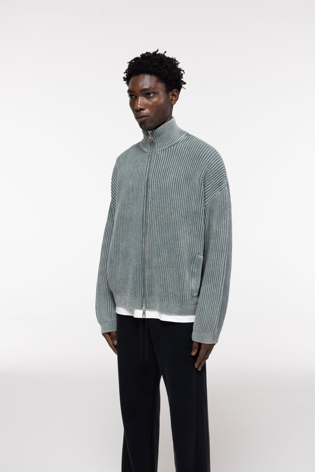 Cole Buxton | Acid Wash Knit Zip Through | Mens | Washed Green