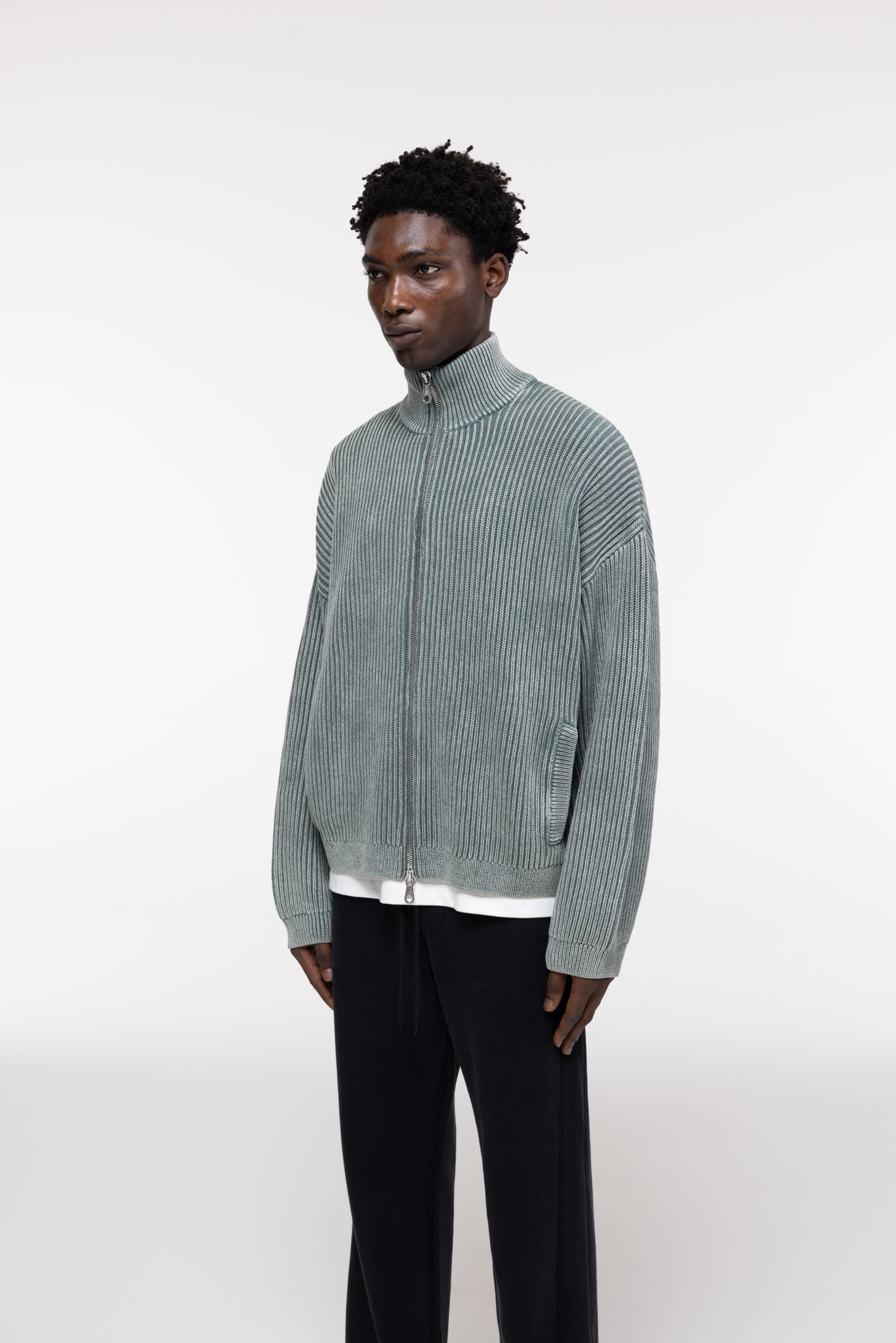 Cole Buxton | Acid Wash Knit Zip Through | Mens | Washed Green