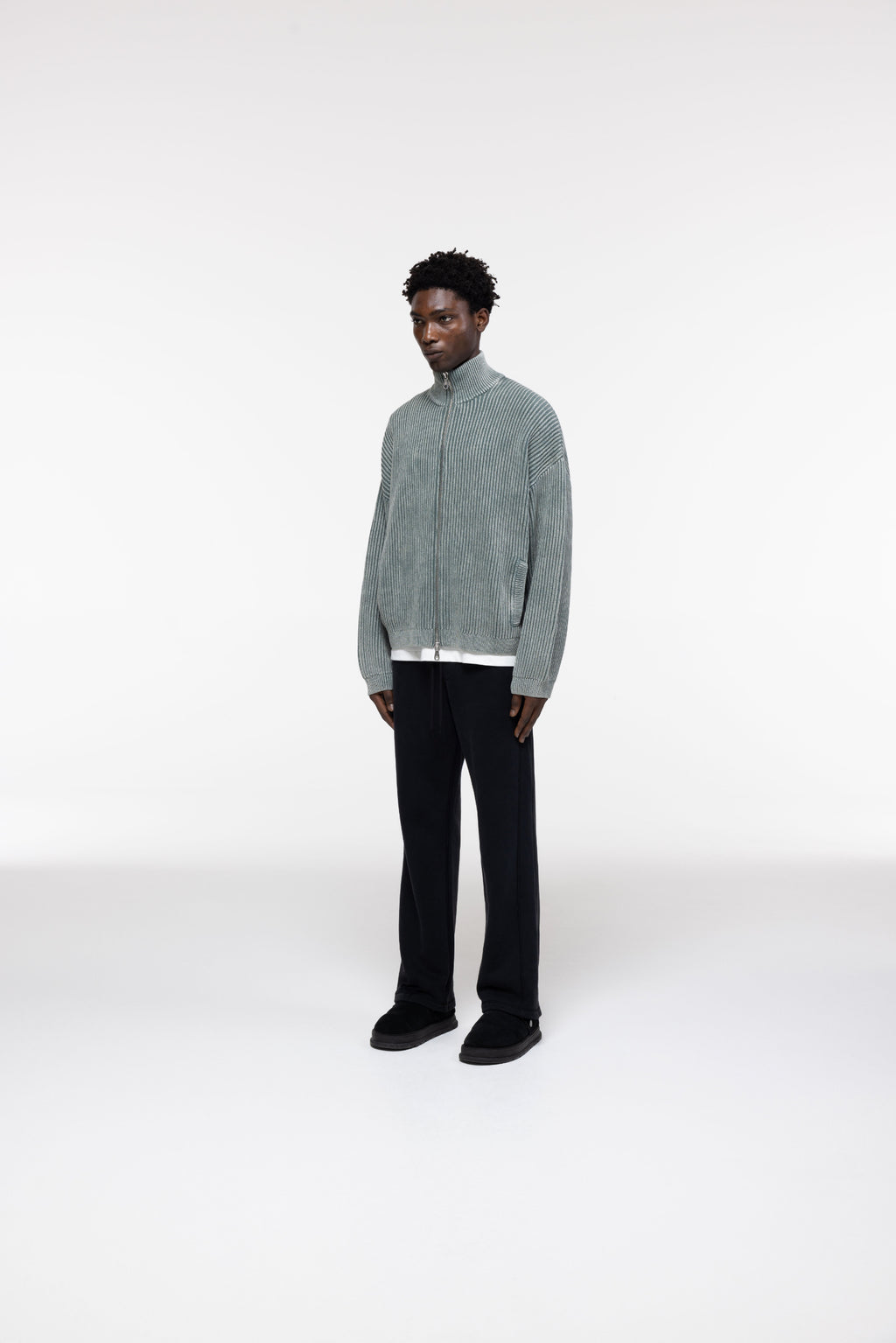 Cole Buxton | Acid Wash Knit Zip Through | Mens | Washed Green