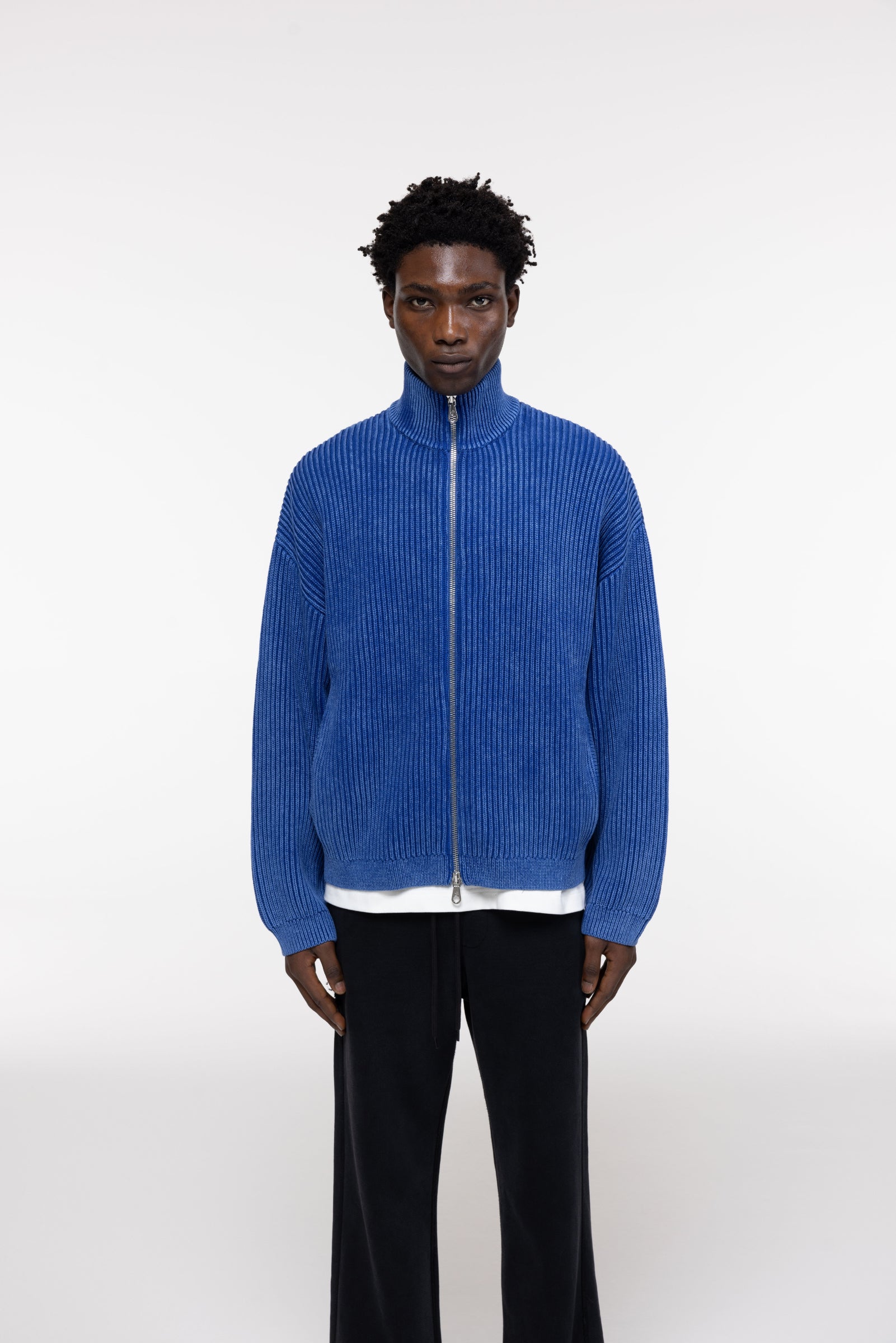 Cole Buxton | Acid Wash Knit Zip Through | Mens | Washed Blue