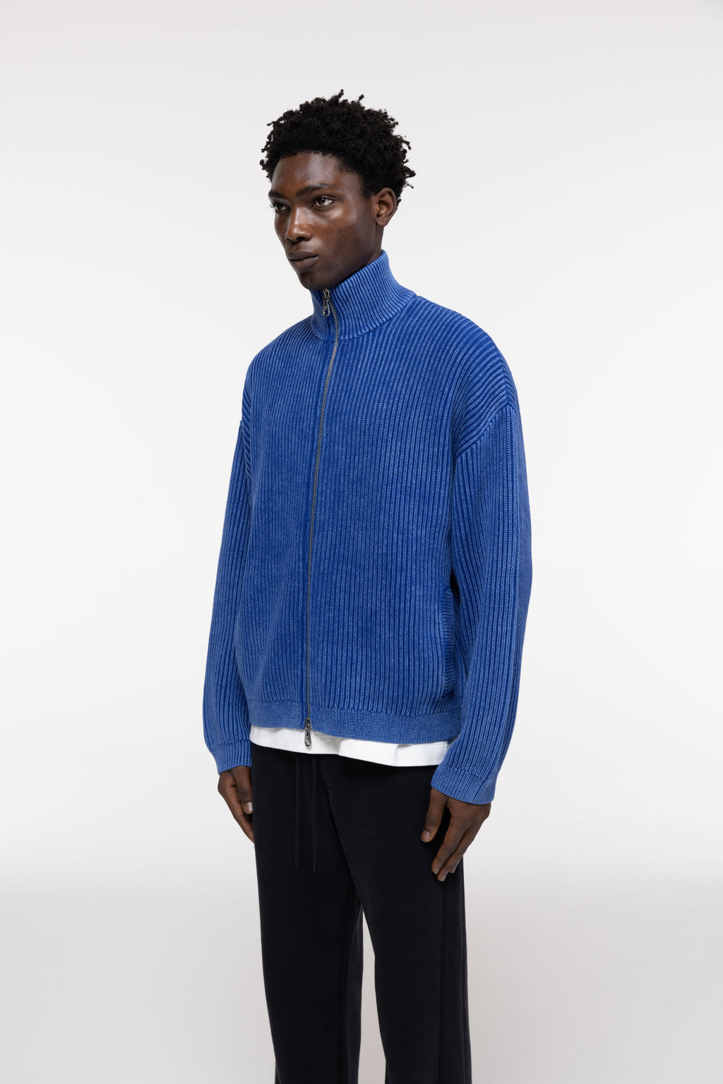 Cole Buxton | Acid Wash Knit Zip Through | Mens | Washed Blue
