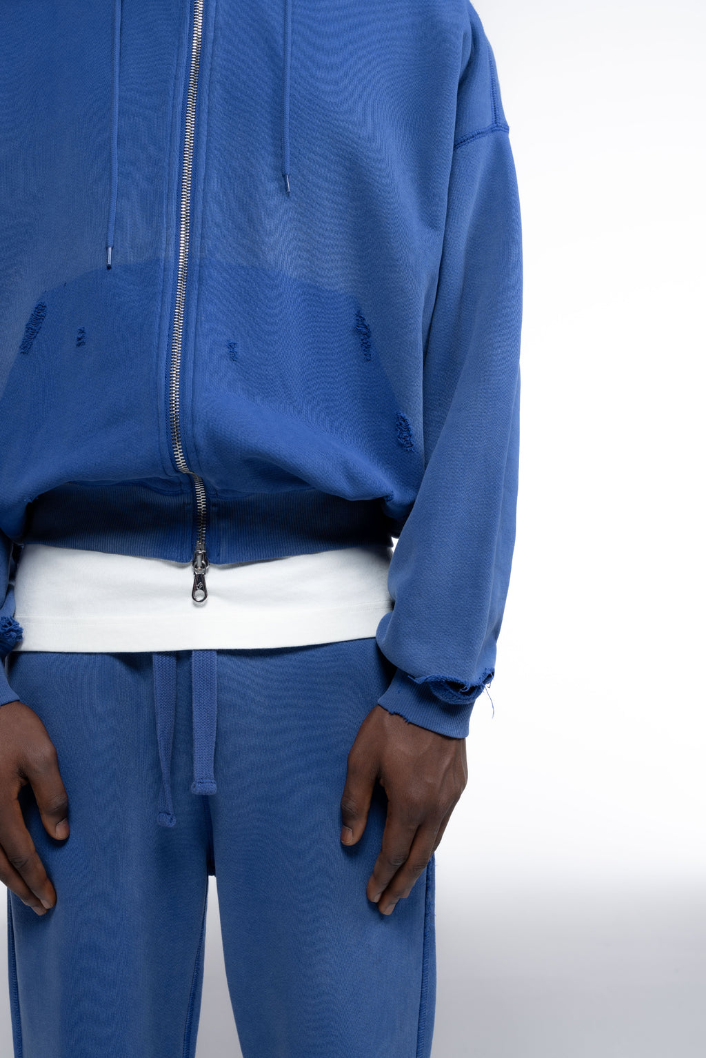 Cole Buxton | Distressed Zipped Hoodie | Mens | Washed Cobalt Blue