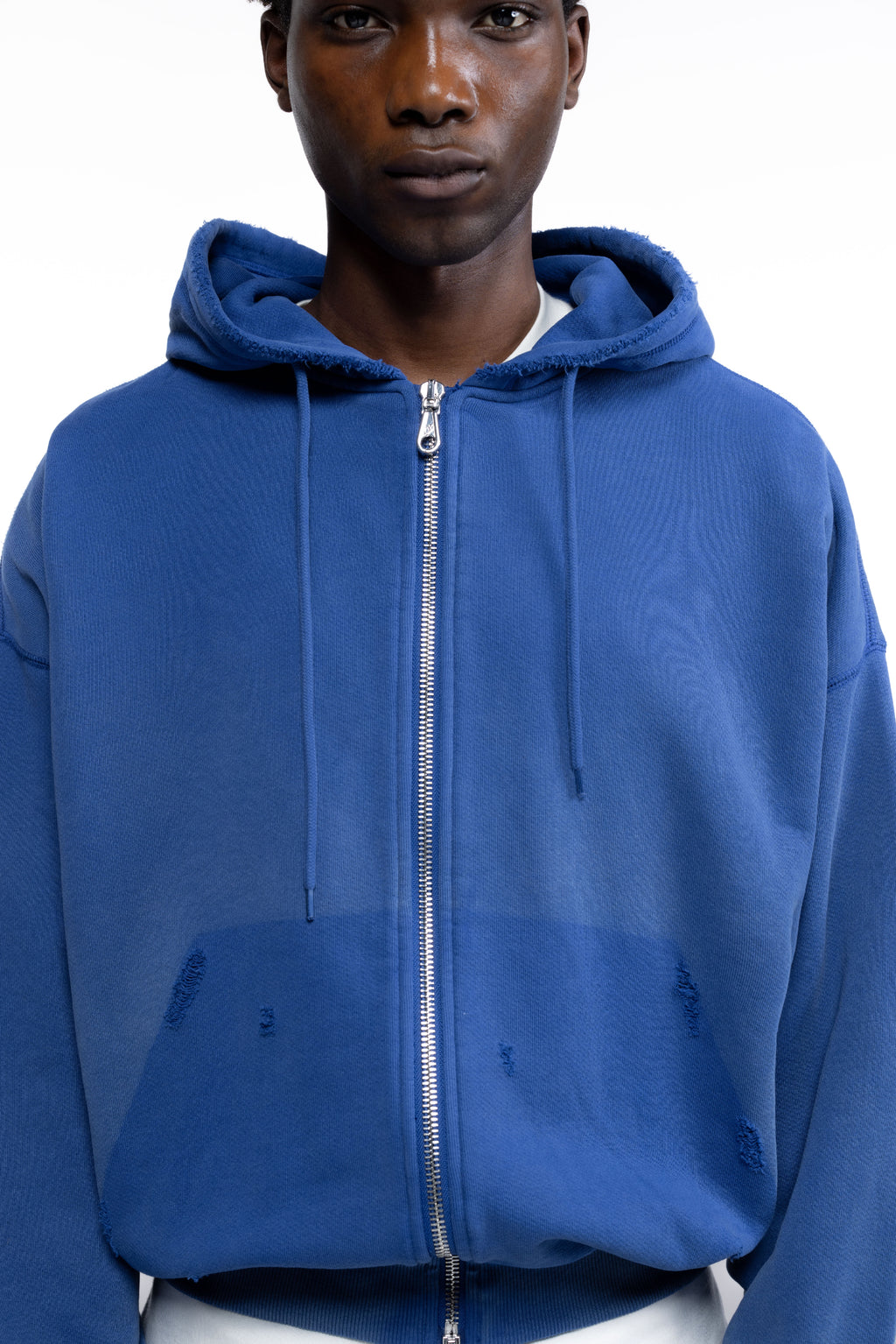 Cole Buxton | Distressed Zipped Hoodie | Mens | Washed Cobalt Blue