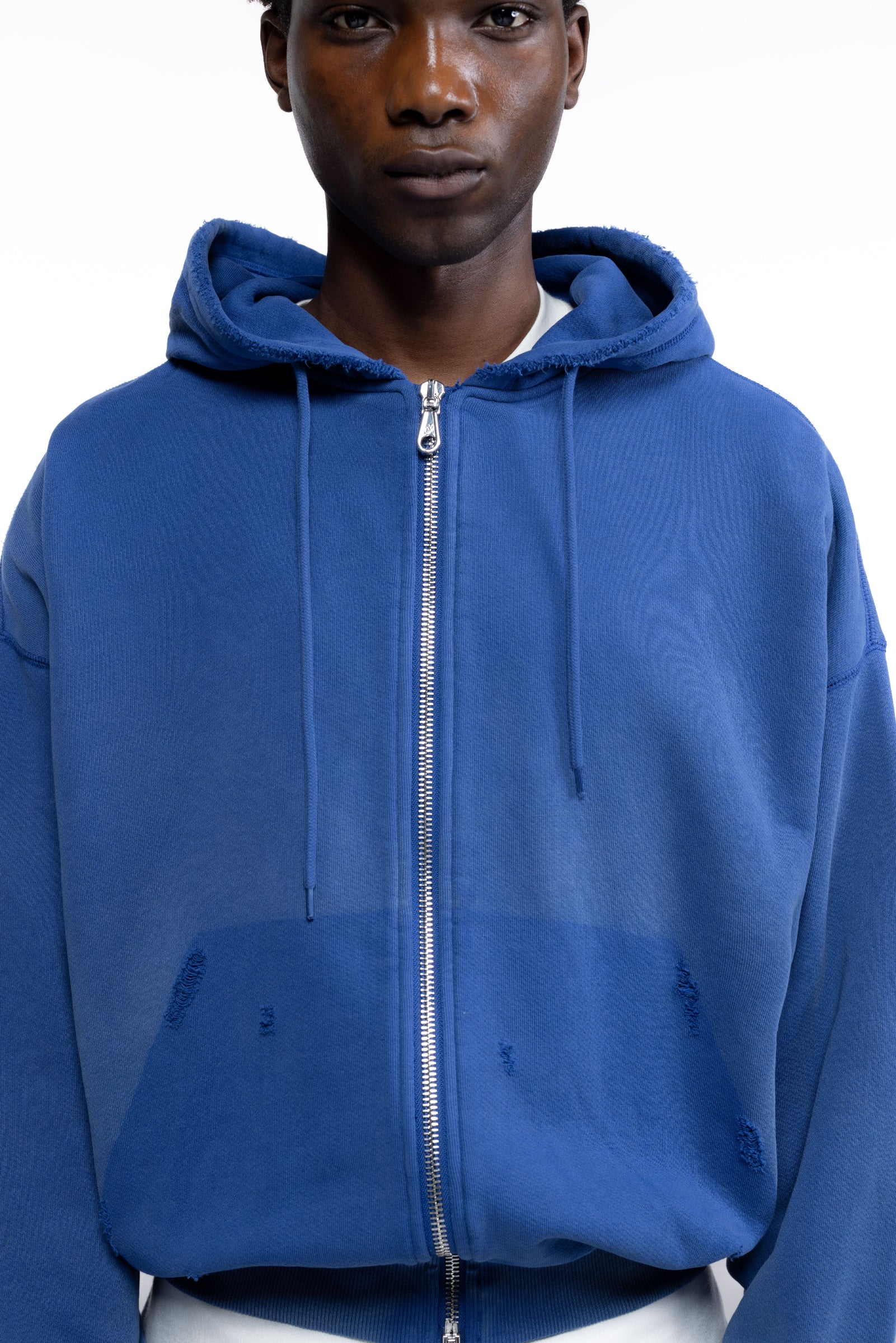 Cole Buxton | Distressed Zipped Hoodie | Mens | Washed Cobalt Blue