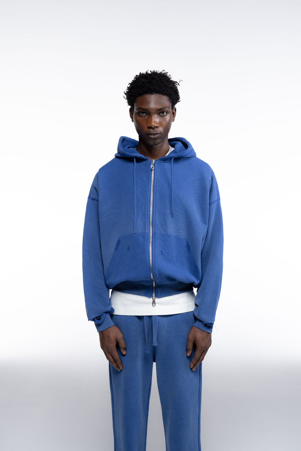 Cole Buxton | Distressed Zipped Hoodie | Mens | Washed Cobalt Blue