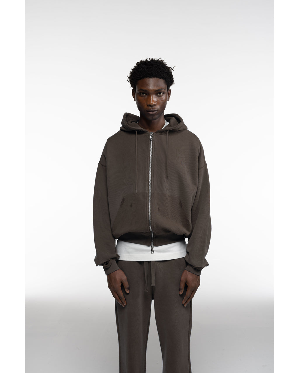 Cole Buxton | Distressed Zipped Hoodie | Mens | Washed Brown