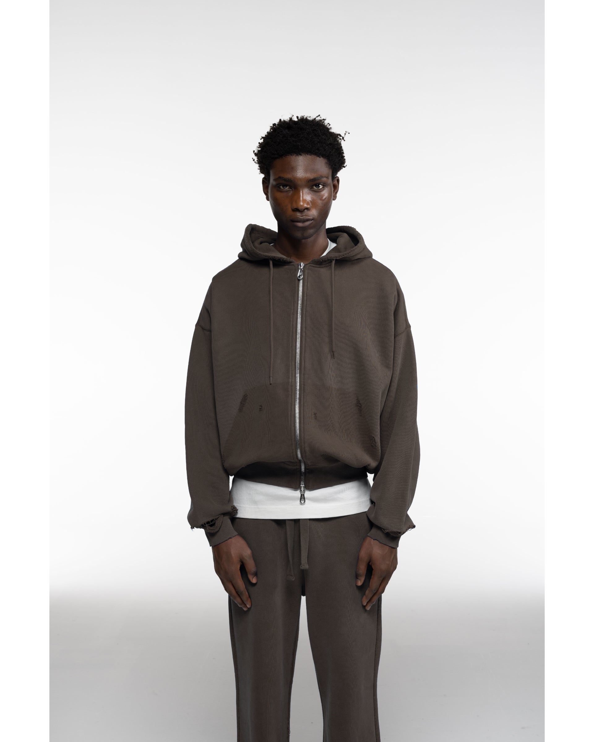 Cole Buxton | Distressed Zipped Hoodie | Mens | Washed Brown