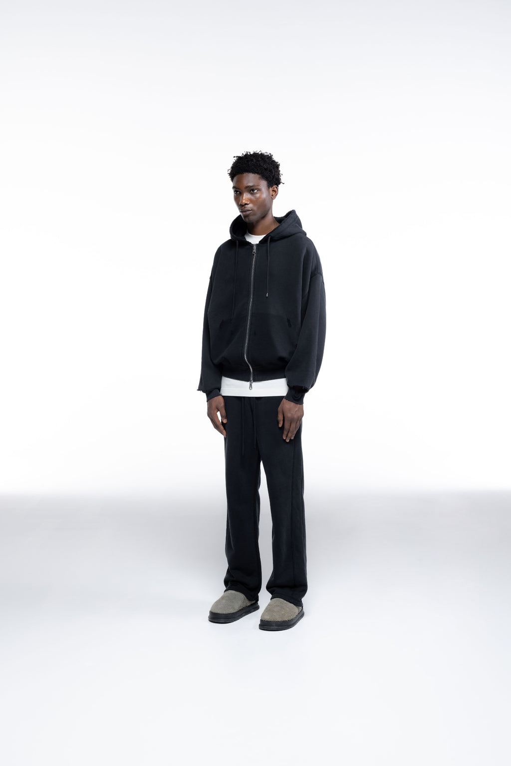 Cole Buxton | Distressed Zipped Hoodie | Mens | Washed Black