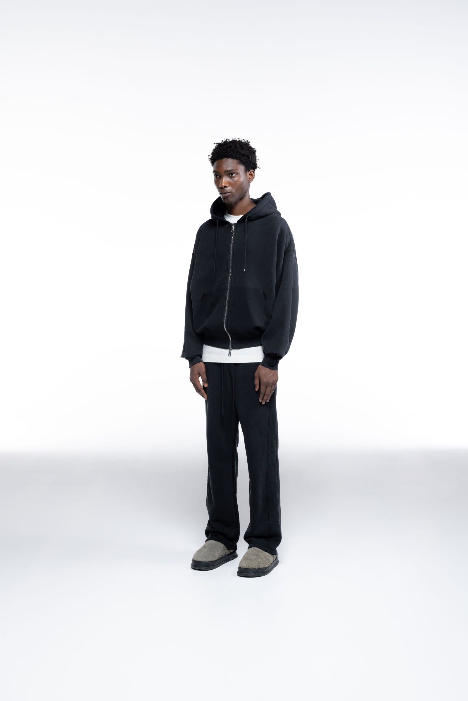 Cole Buxton | Distressed Zipped Hoodie | Mens | Washed Black