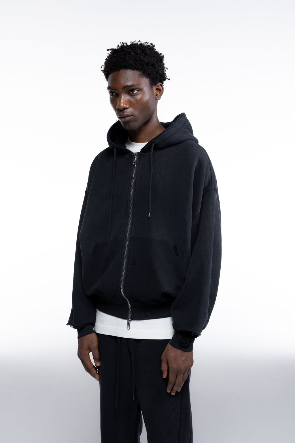 Cole Buxton | Distressed Zipped Hoodie | Mens | Washed Black