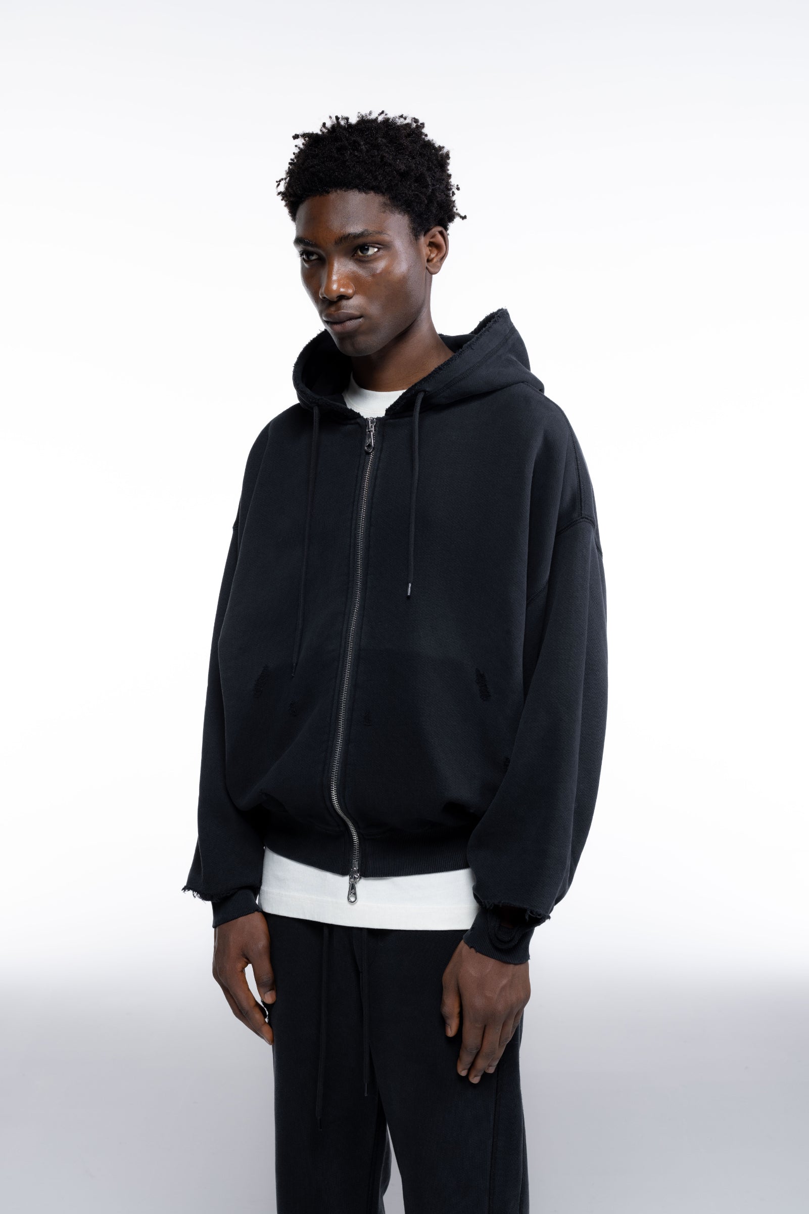 Cole Buxton | Distressed Zipped Hoodie | Mens | Washed Black
