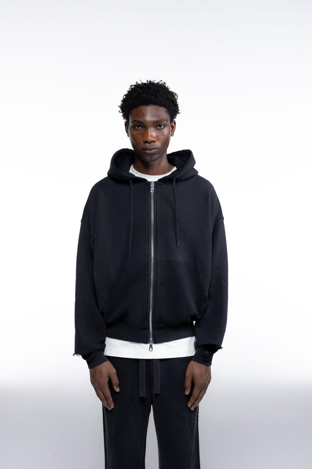 Cole Buxton | Distressed Zipped Hoodie | Mens | Washed Black