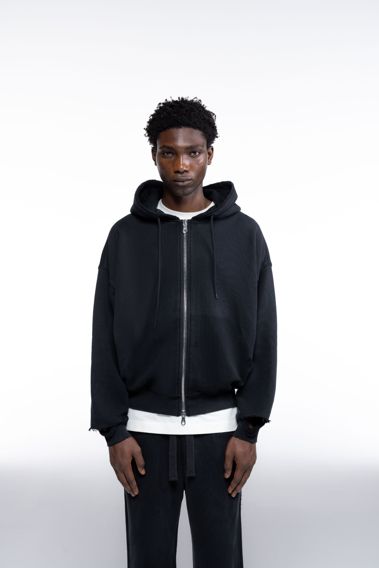 Cole Buxton | Distressed Zipped Hoodie | Mens | Washed Black