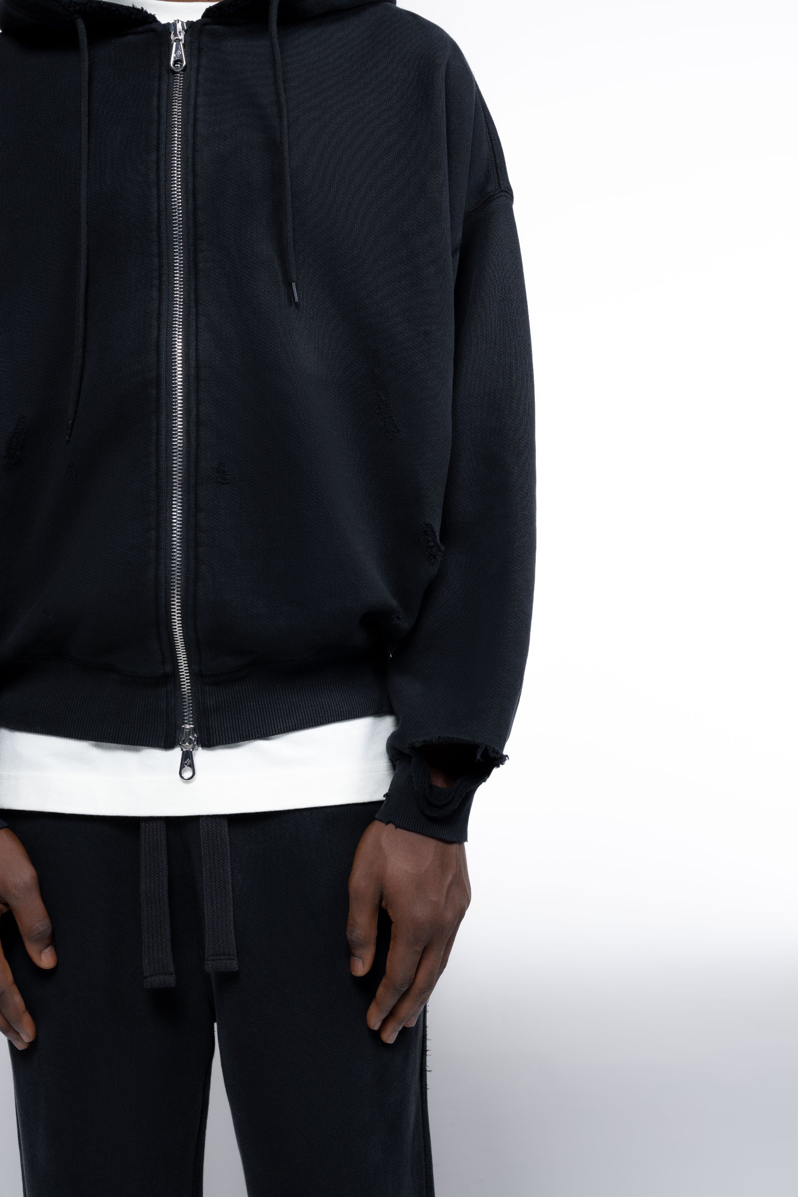 Cole Buxton | Distressed Zipped Hoodie | Mens | Washed Black