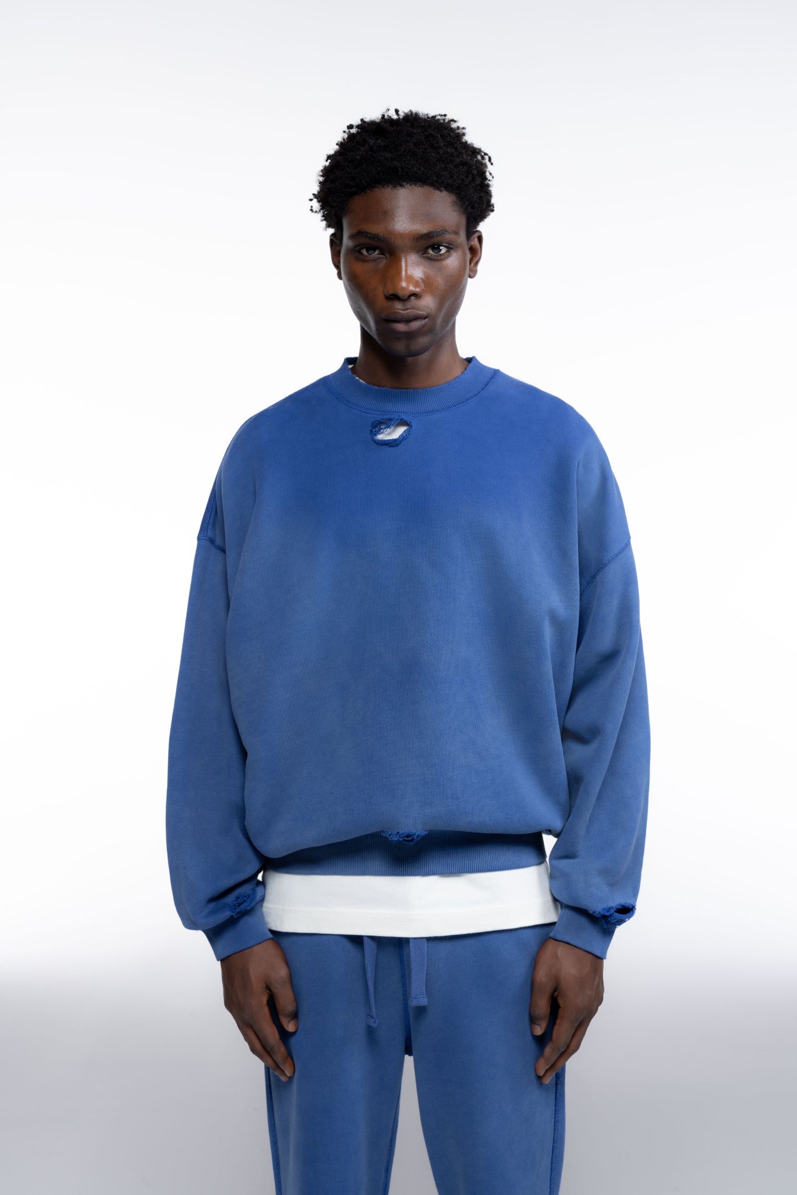 Cole Buxton | Distressed Sweatshirt | Mens | Washed Cobalt Blue