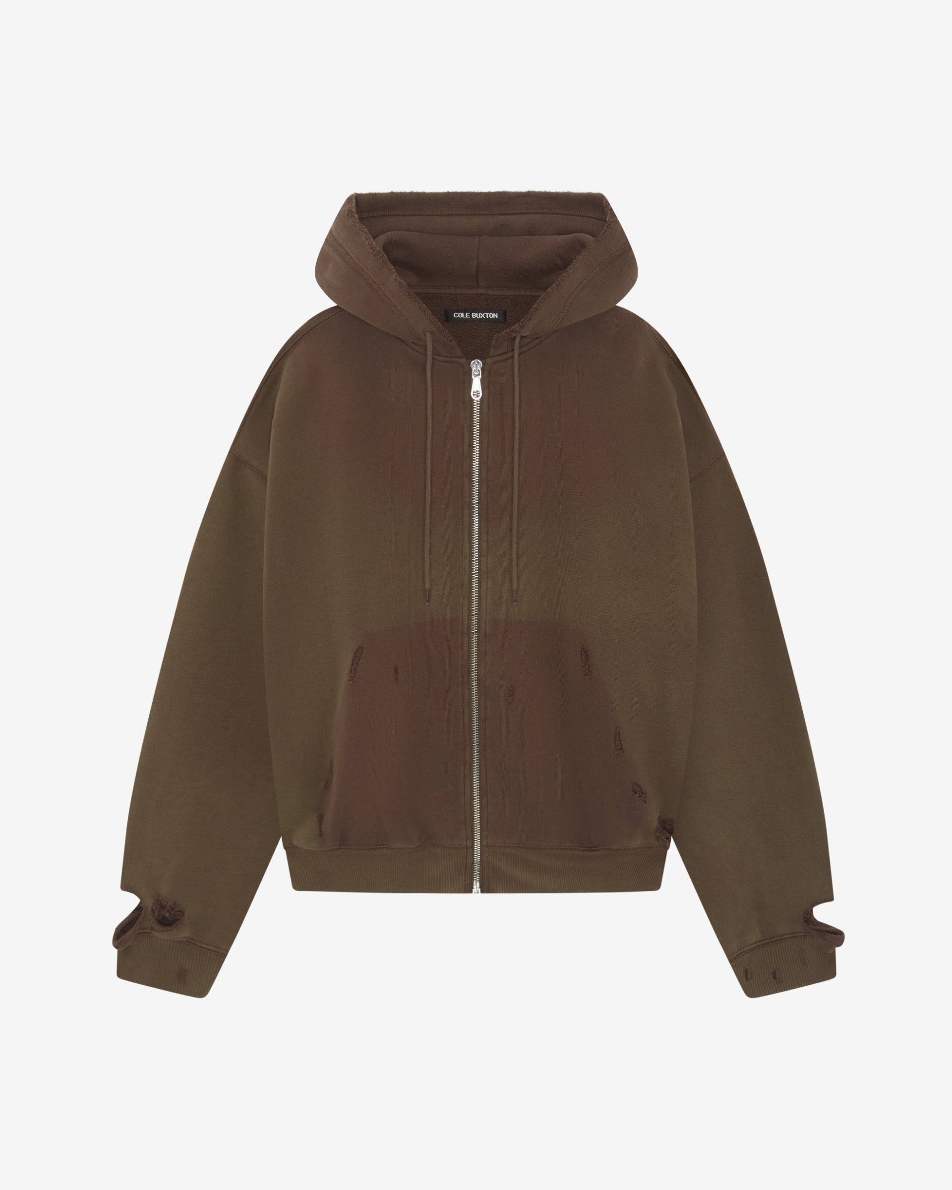 Cole Buxton | Distressed Zipped Hoodie | Mens | Washed Brown