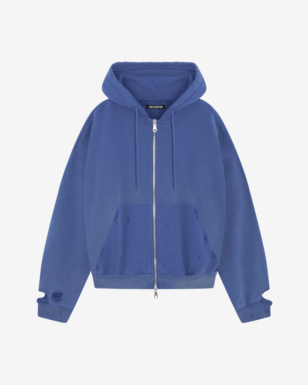 Cole Buxton | Distressed Zipped Hoodie | Mens | Washed Cobalt Blue