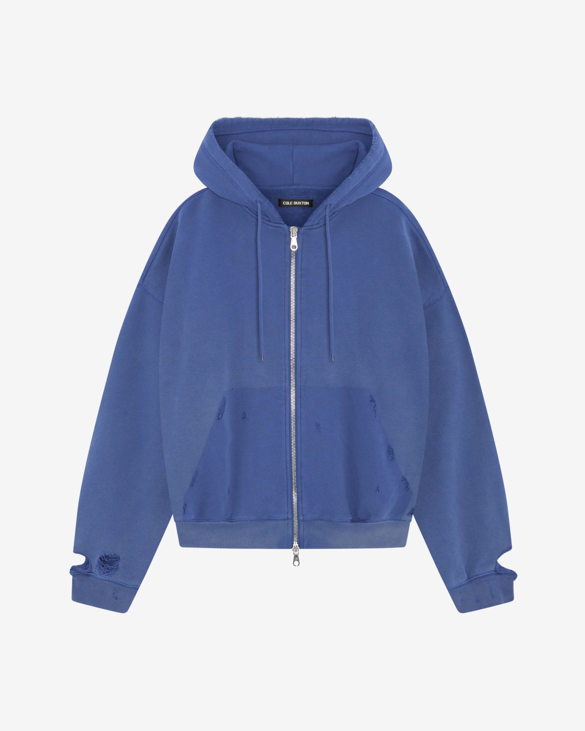 Cole Buxton | Distressed Zipped Hoodie | Mens | Washed Cobalt Blue