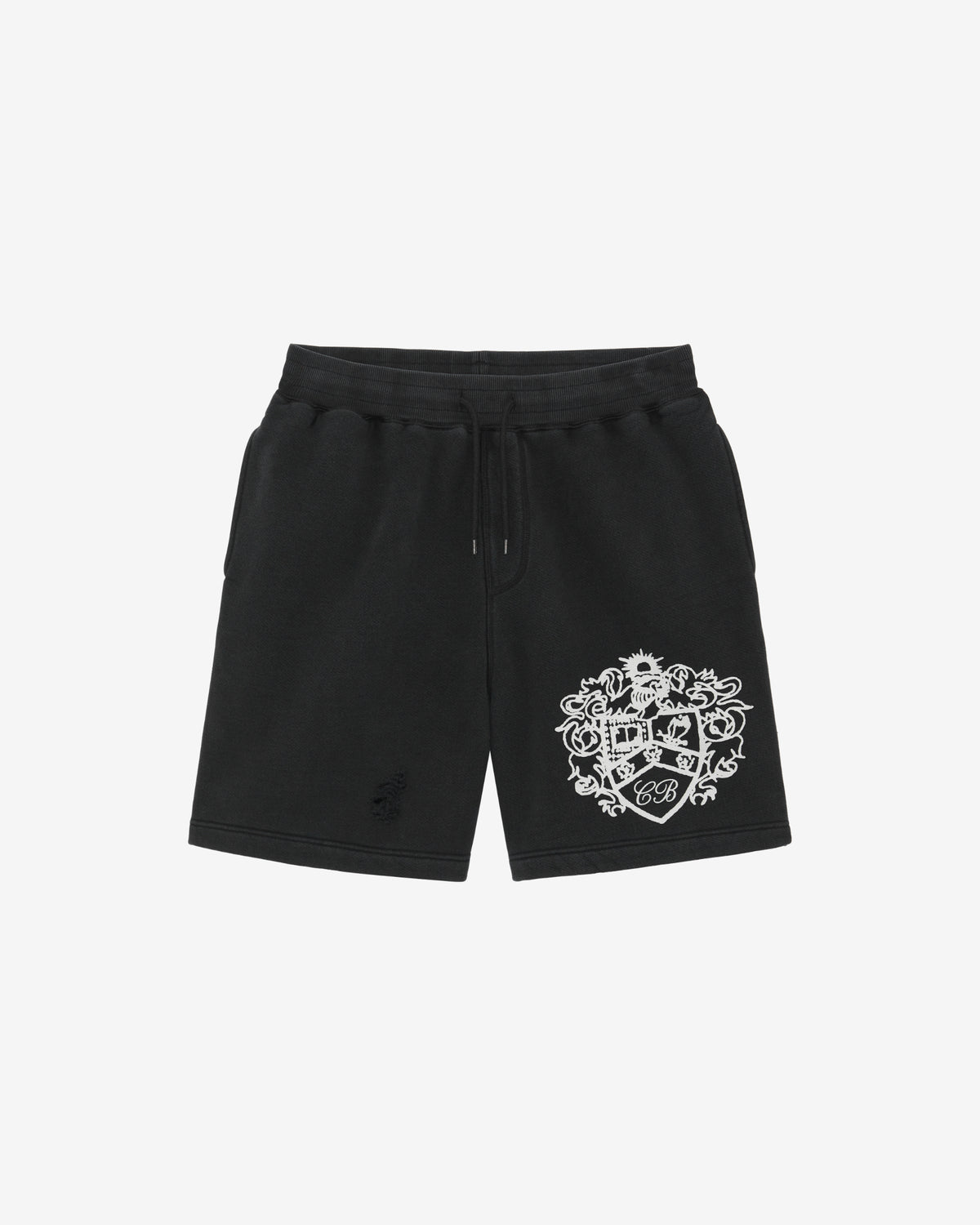 DISTRESSED COLLEGIATE CREST SHORTS