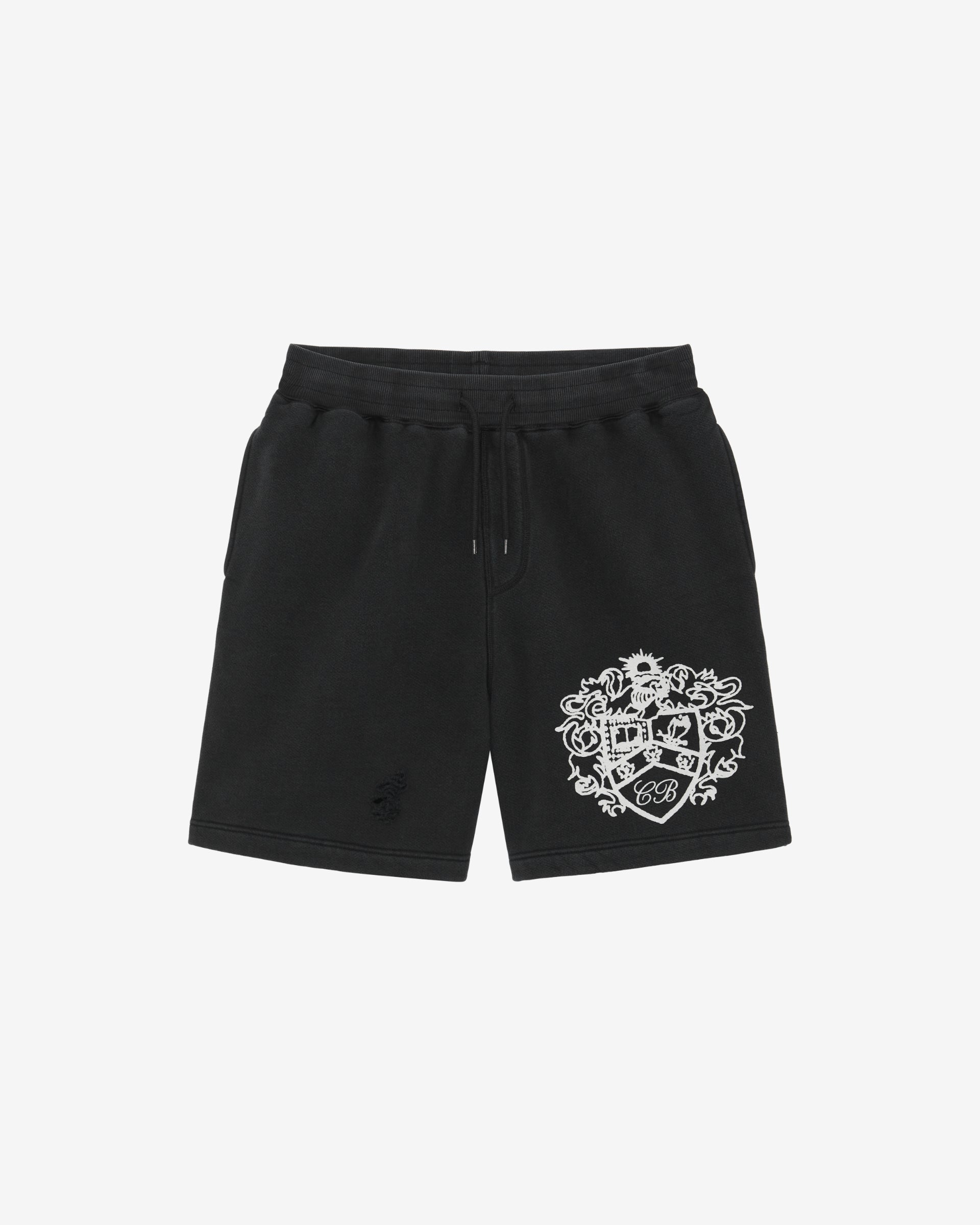 DISTRESSED COLLEGIATE CREST SHORTS