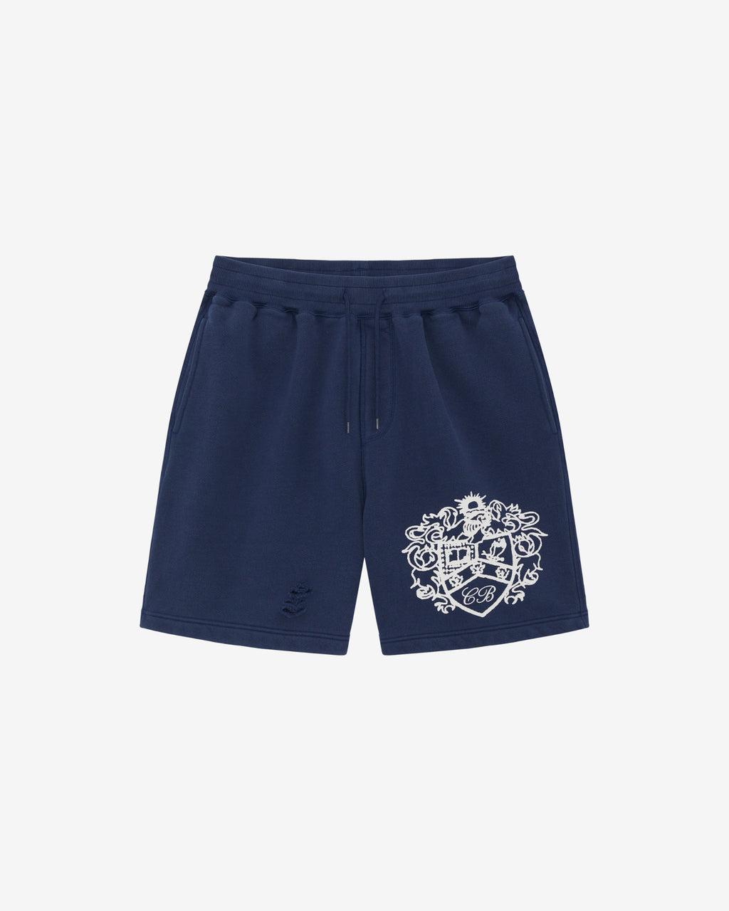 DISTRESSED COLLEGIATE CREST SHORTS