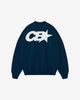 Navy blue sweatshirt with a white logo on a light gray background