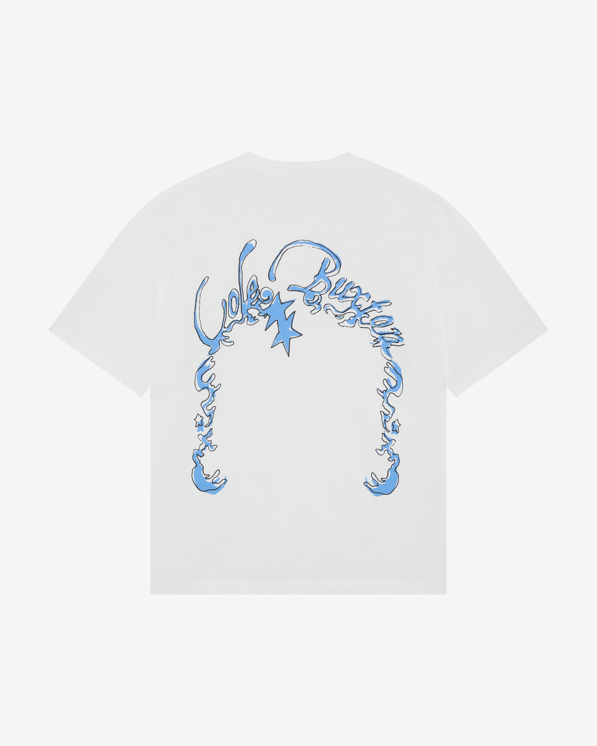 A white short-sleeve t-shirt with a large blue graphic print on the back, featuring stylized cursive text and a star motif, shown against a light gray background.