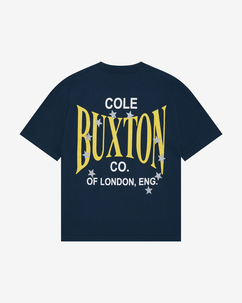 A navy blue short-sleeve t-shirt with a large graphic print on the back. The graphic features the text 'COLE BUXTON CO.