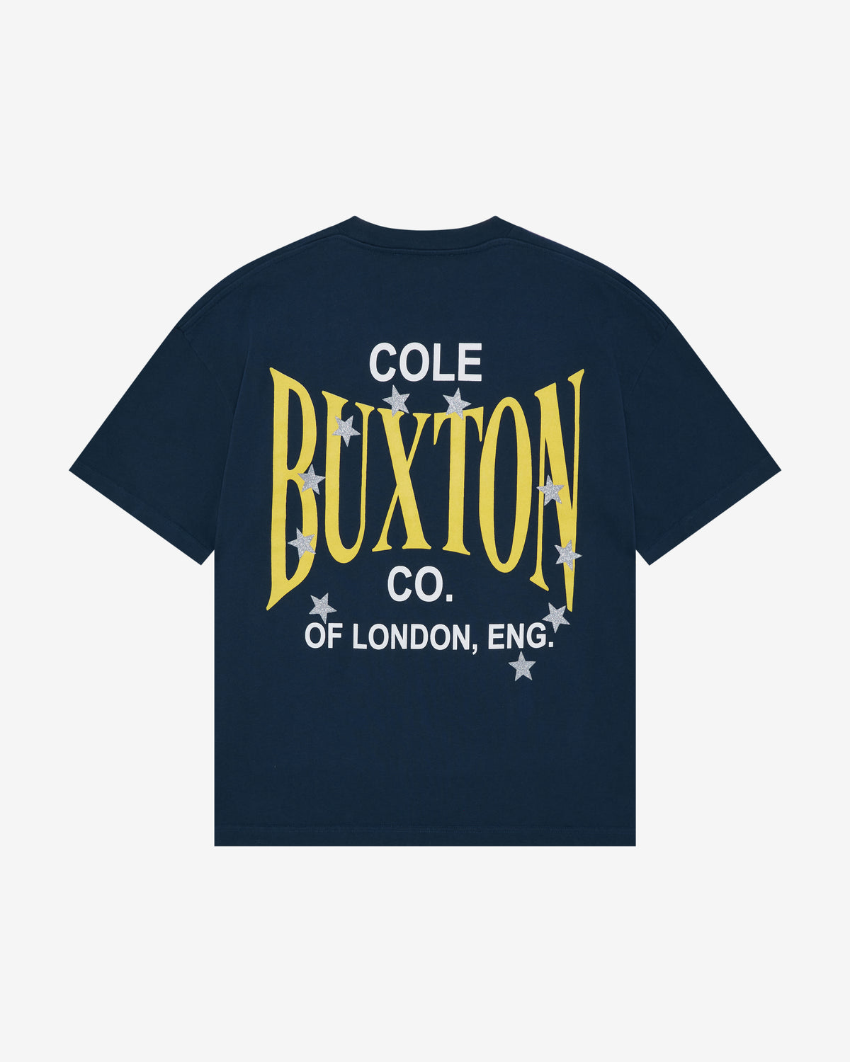 A navy blue short-sleeve t-shirt with a large graphic print on the back. The graphic features the text 'COLE BUXTON CO.