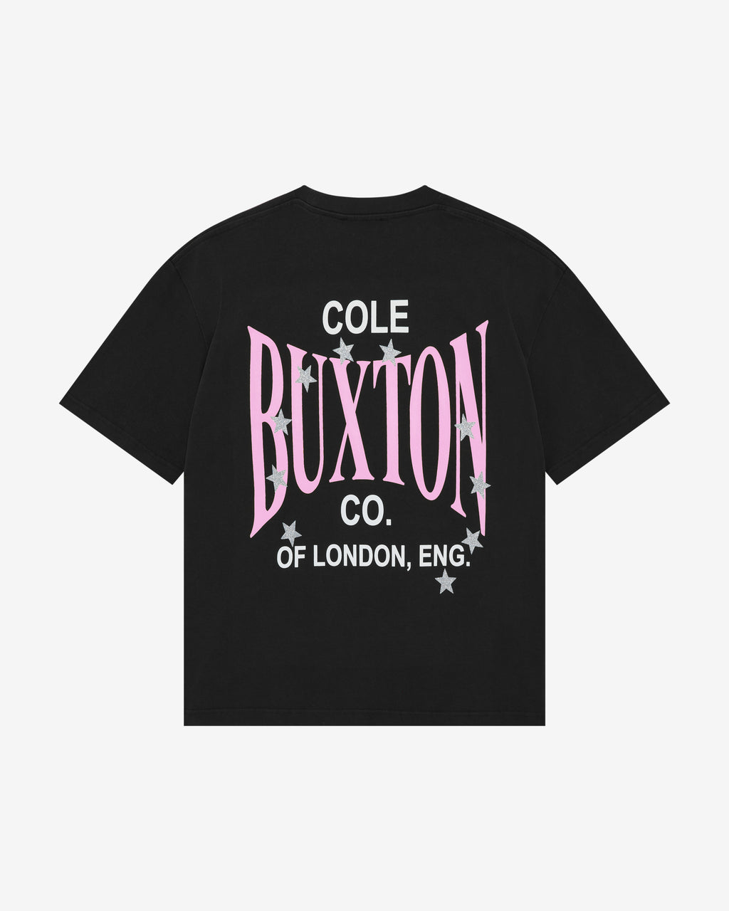 A black short-sleeve t-shirt with a graphic print on the front reading 'COLE BUXTON CO. OF LONDON, ENG.