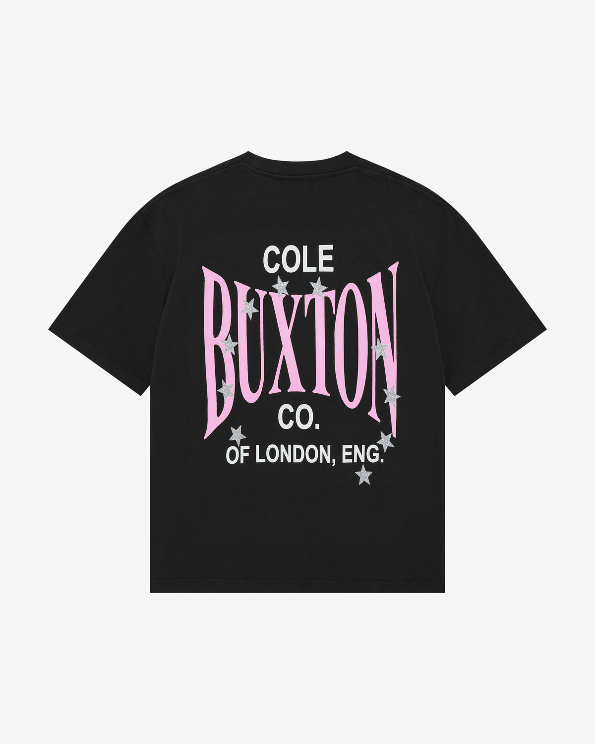 A black short-sleeve t-shirt with a graphic print on the front reading 'COLE BUXTON CO. OF LONDON, ENG.