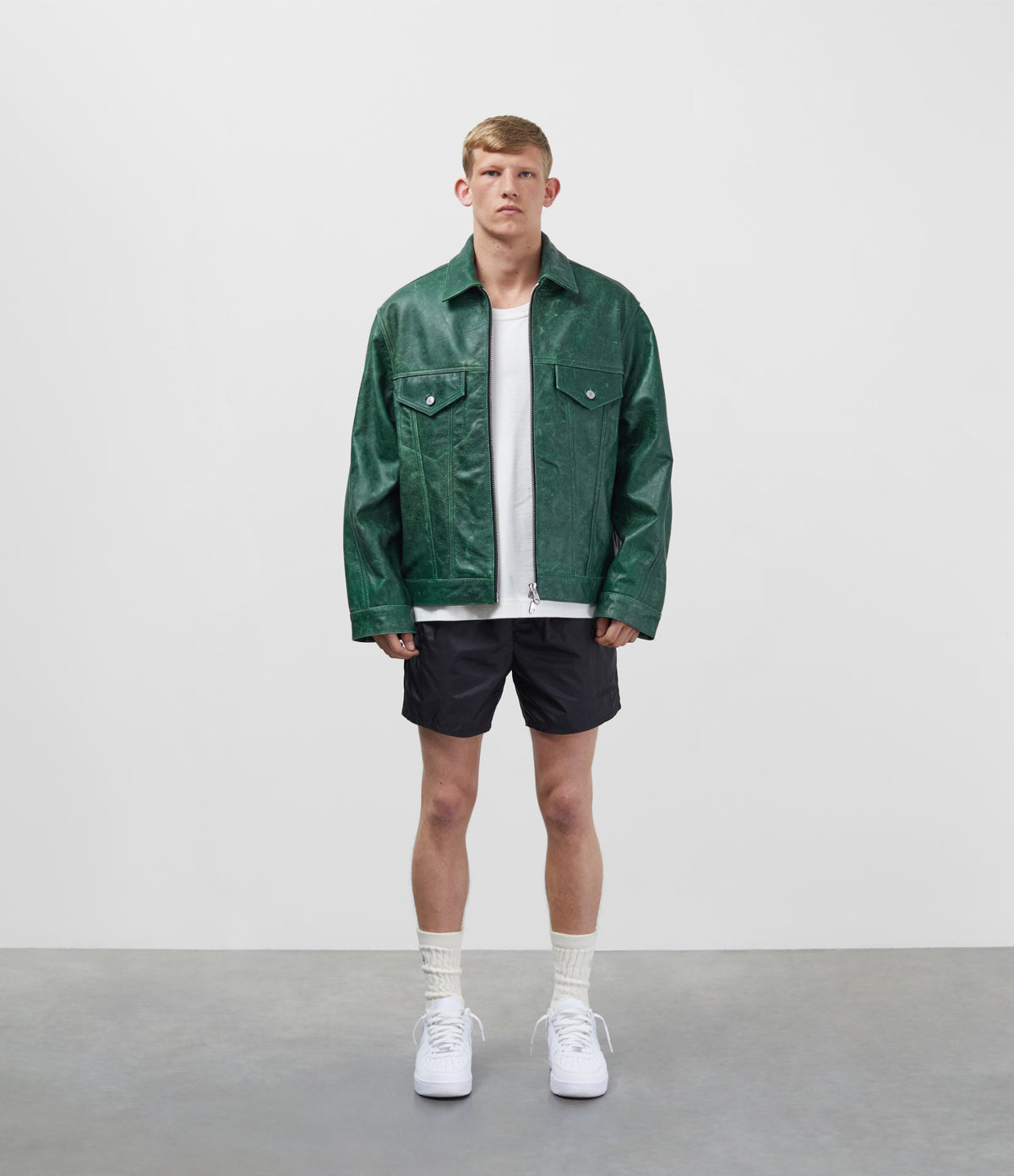 Cole Buxton | Cracked Leather Trucker Jacket | Mens | Green