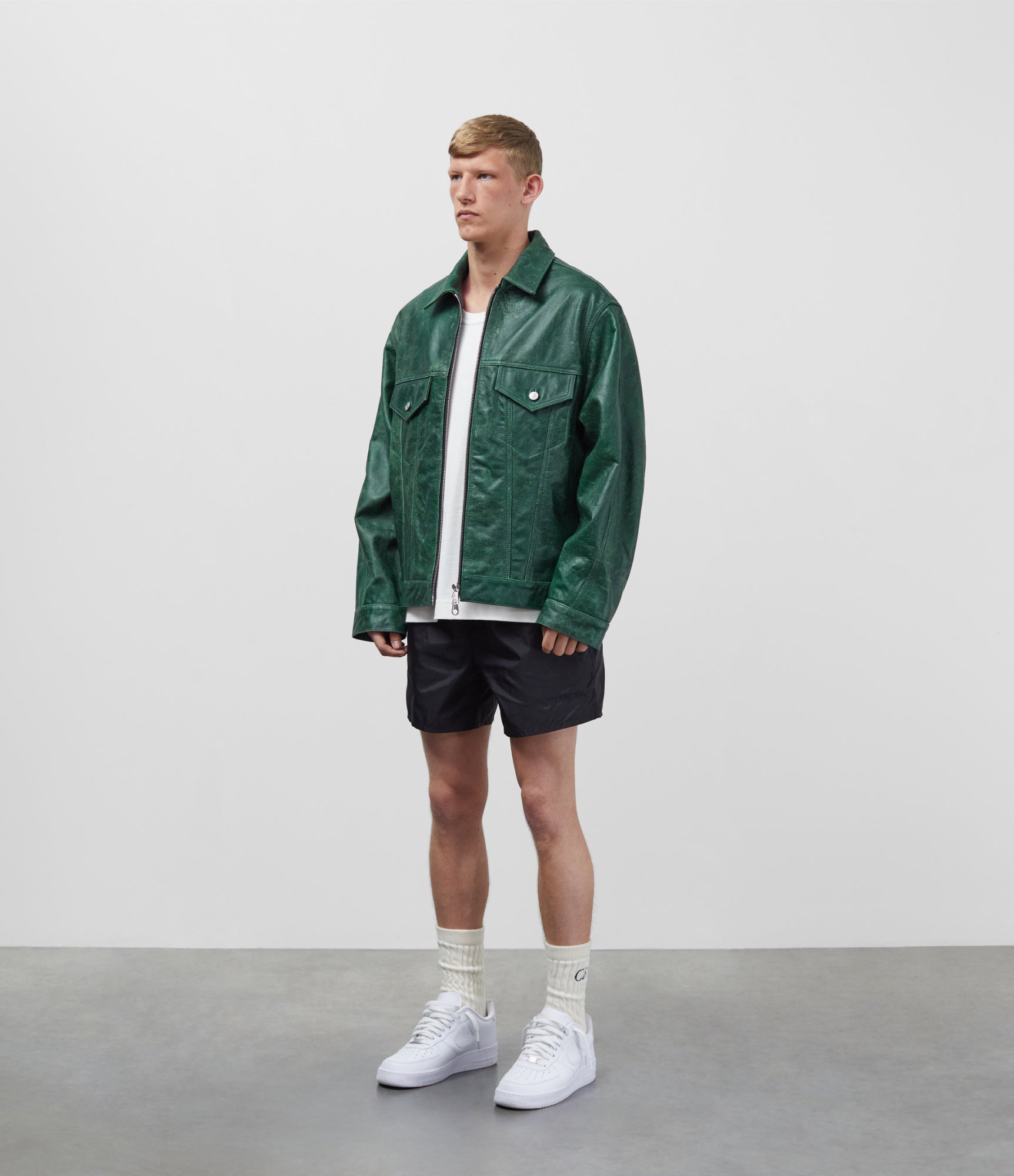 Cole Buxton | Cracked Leather Trucker Jacket | Mens | Green