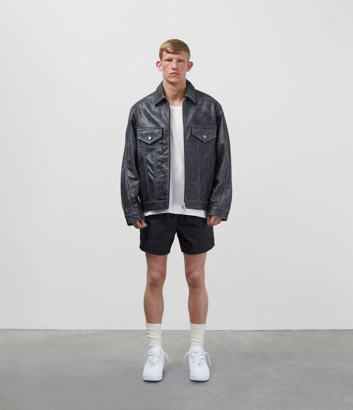 Cole Buxton | Cracked Leather Trucker Jacket | Mens | Black
